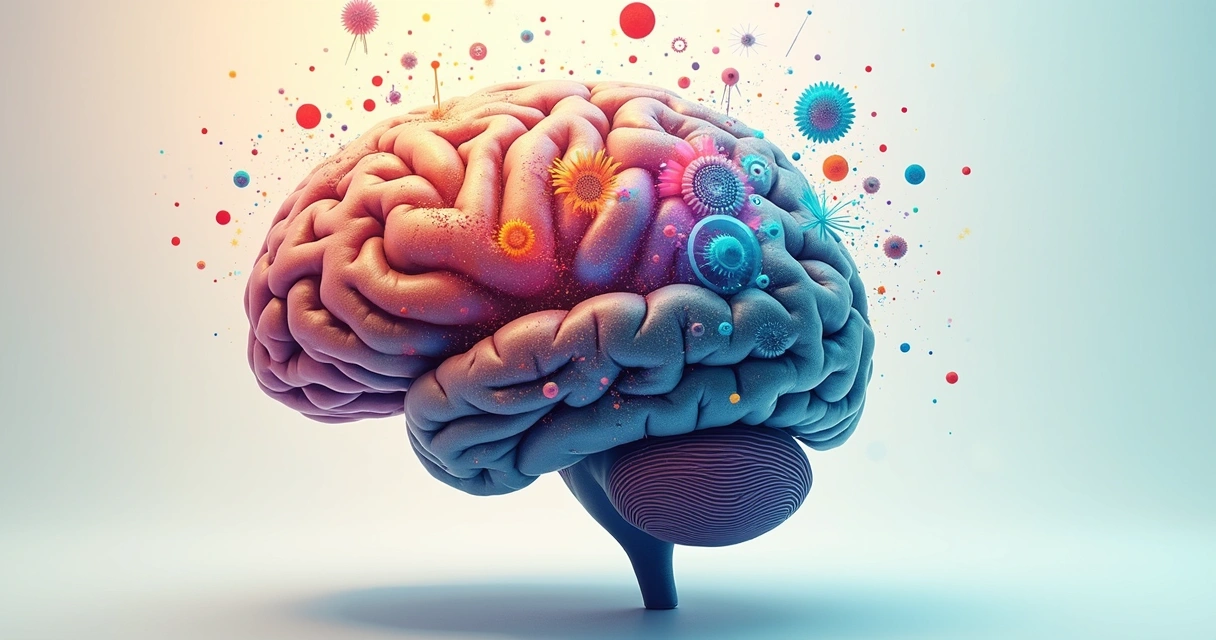 Desenho de um cérebro humano com engrenagens coloridas representando pensamentos itinerantes 