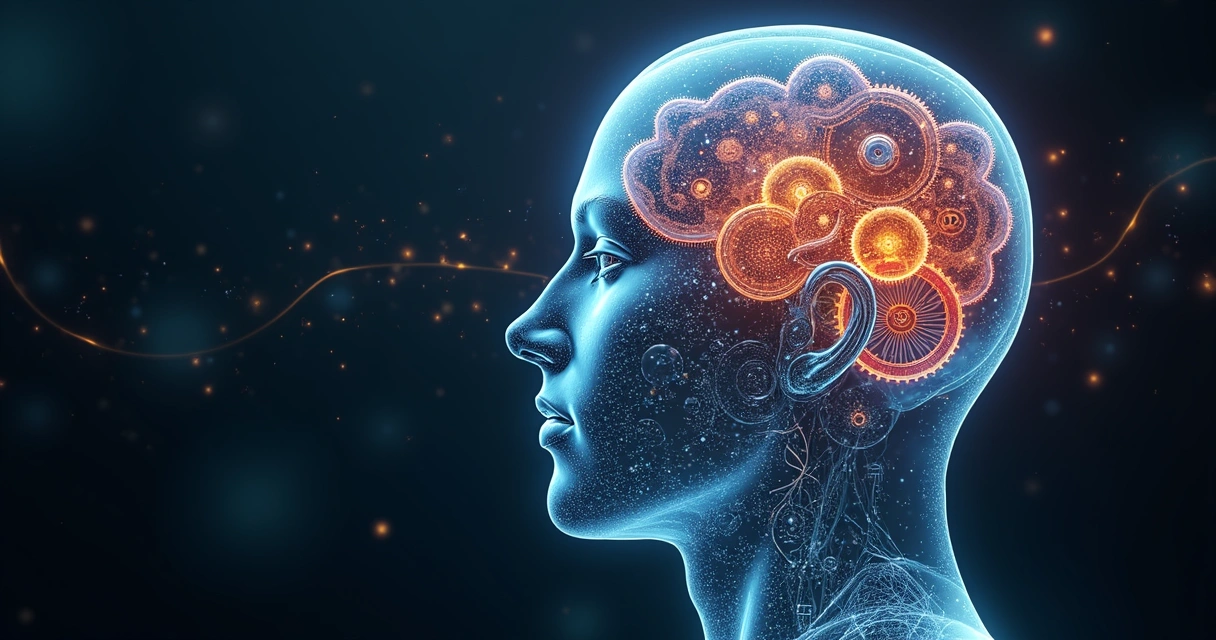 Representação realista da mente humana com engrenagens e ondas coloridas simbolizando emoções e mecanismos de defesa 