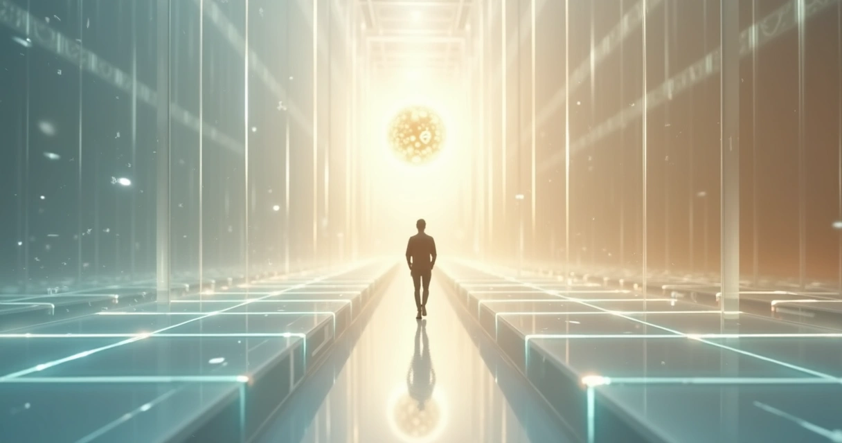Figura caminando en un laberinto abstracto iluminado por una esfera central de luz 
