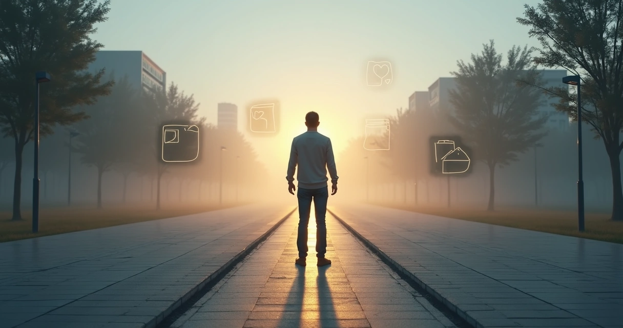 Pessoa diante de encruzilhada com sombras refletindo conflitos internos 