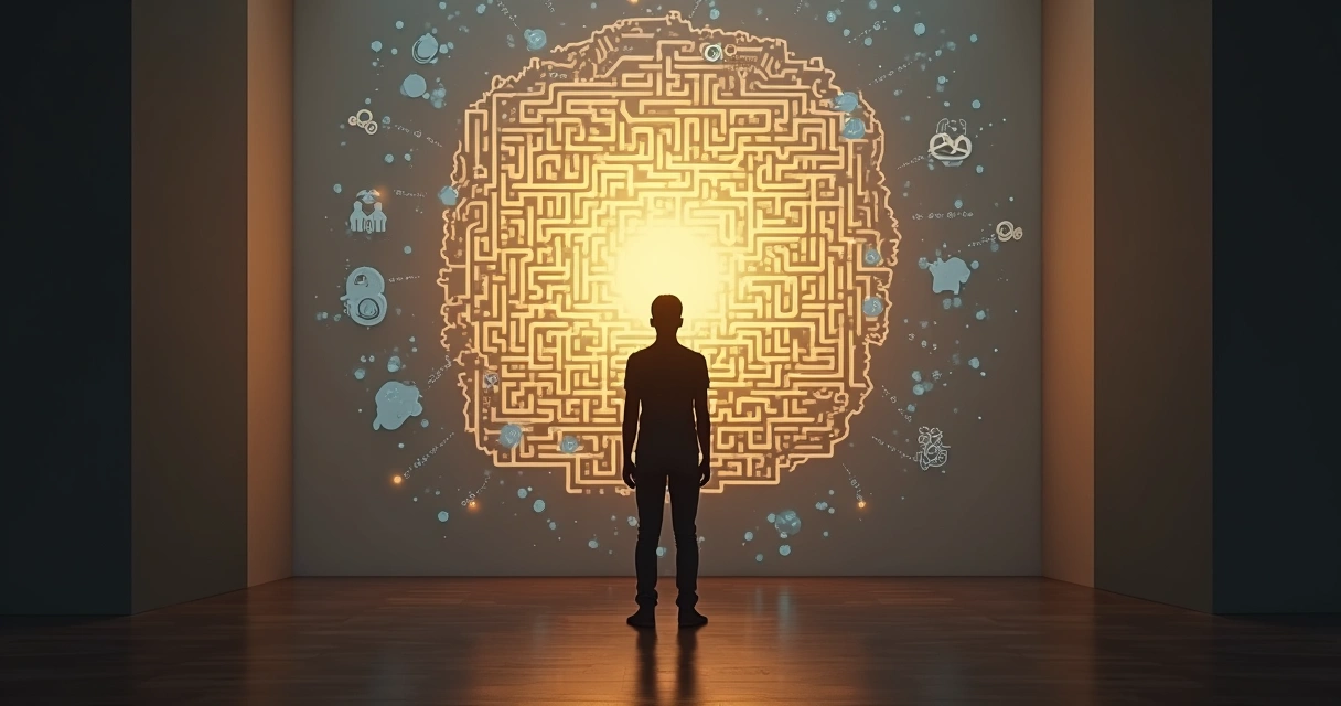 Silhueta humana diante de labirinto projetado em parede com luz no centro 