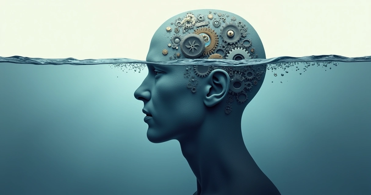 Ilustração mostrando uma mente dividida, com uma parte visível e outra submersa, representando o consciente e o inconsciente. 