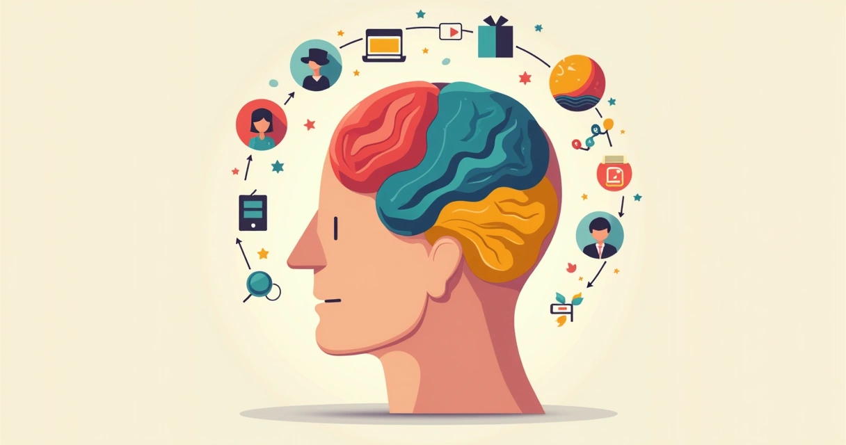 Ilustração corporativa plana de uma mente humana dividida em seções, representando o inconsciente com símbolos abstratos e interações sociais ao redor 