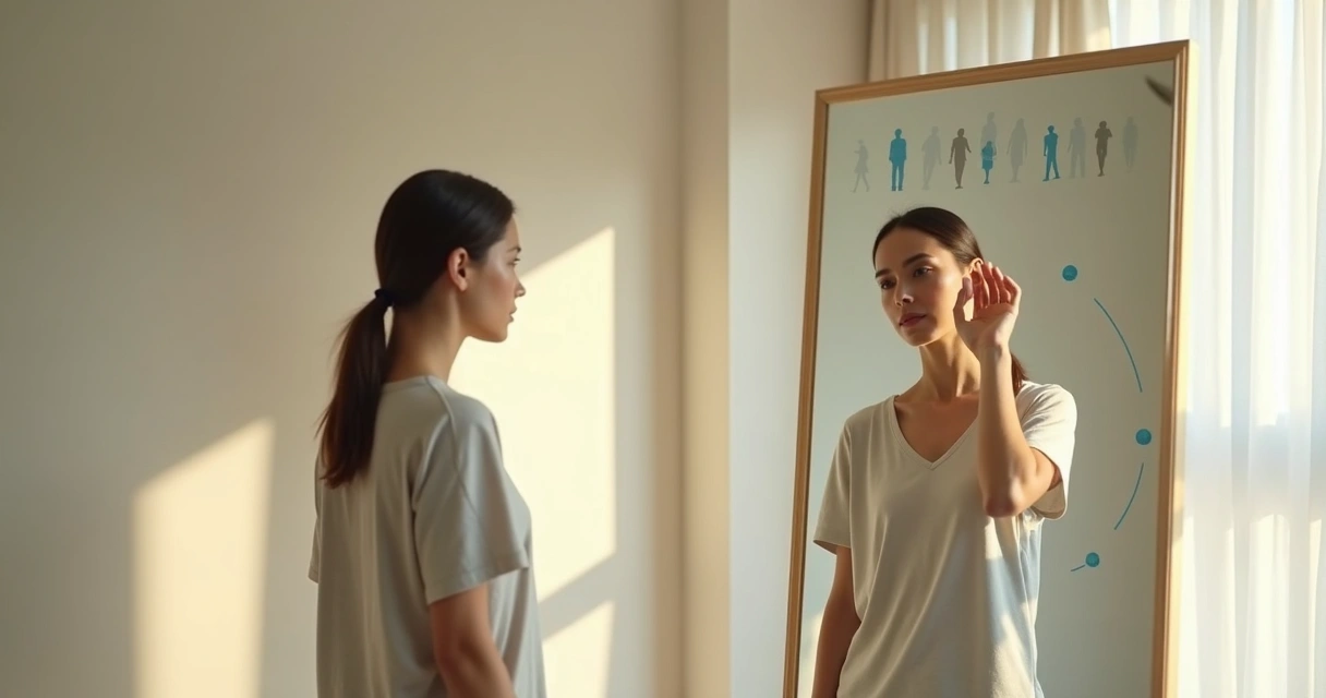 Pessoa observando o próprio reflexo em um espelho com silhuetas de pensamentos ao fundo 