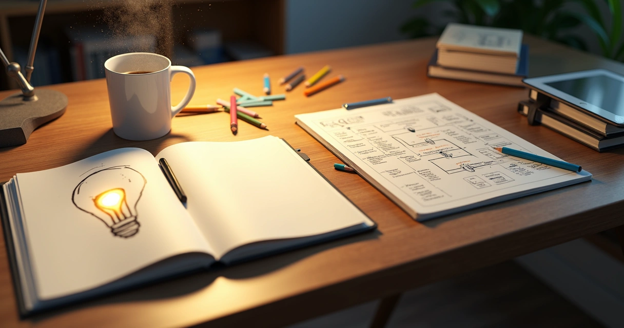 Mesa com caderno dividido entre ideia súbita e estudo gradual 