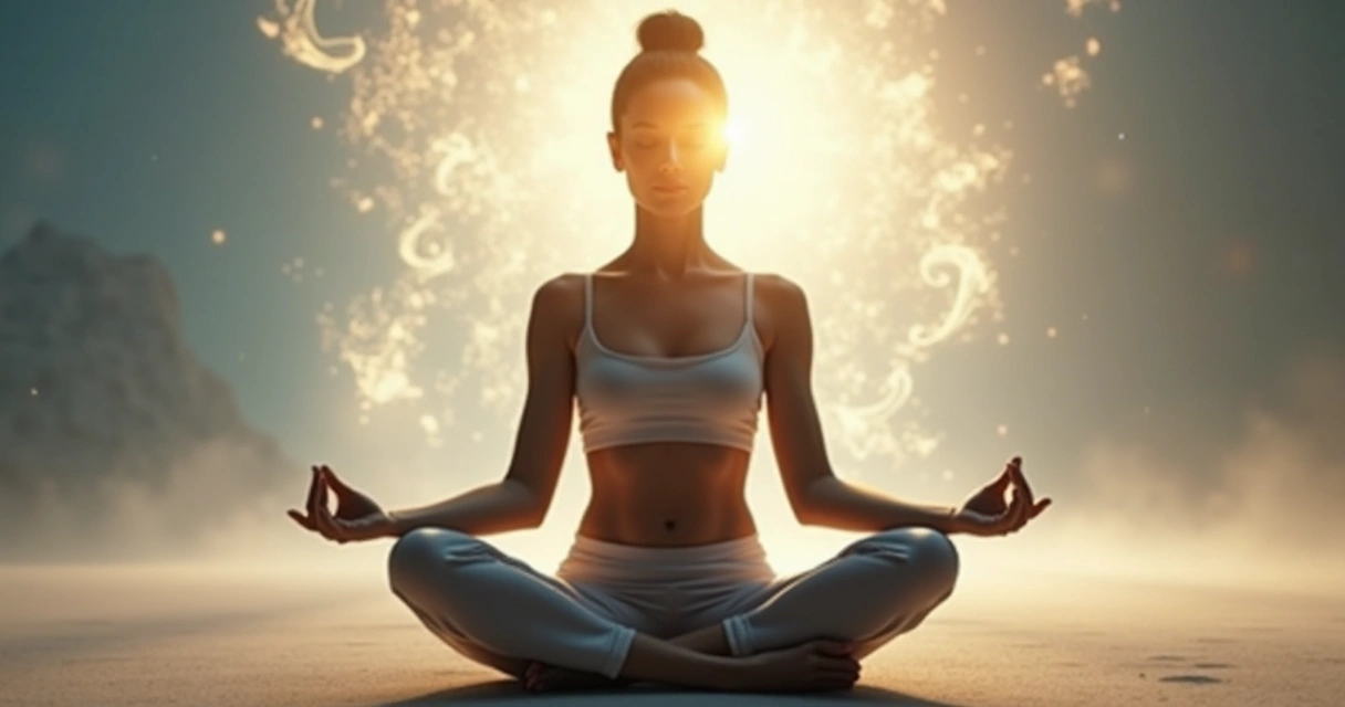 Pessoa em posição de meditação com elementos de luz ao redor da cabeça
