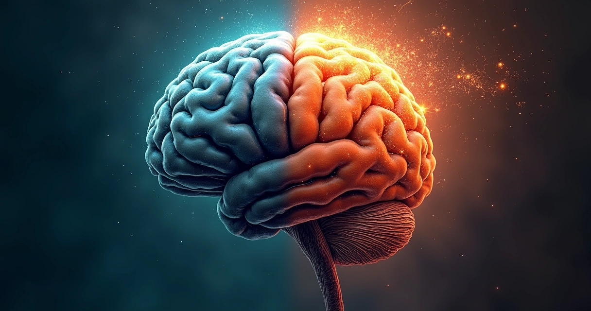 Cérebro humano dividido entre cores frias e quentes, simbolizando intuição e autoengano, com linhas abstratas de pensamento 