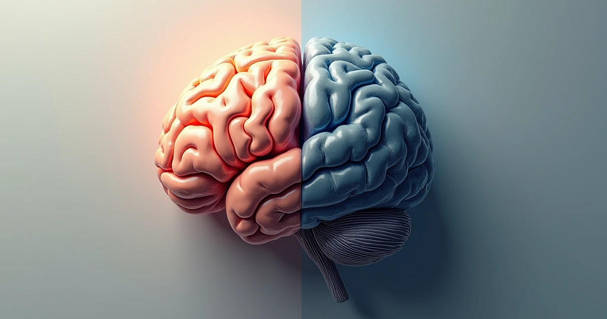 Ilustração de cérebro dividido entre luz suave e sombra 