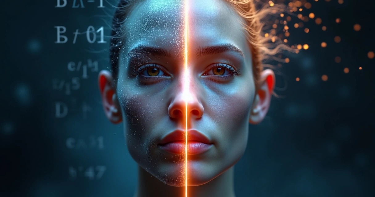 Rosto dividido entre cérebro analítico e fluxo de intuição 