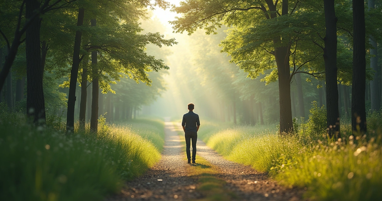Persona reflexionando mientras observa dos caminos en un entorno natural