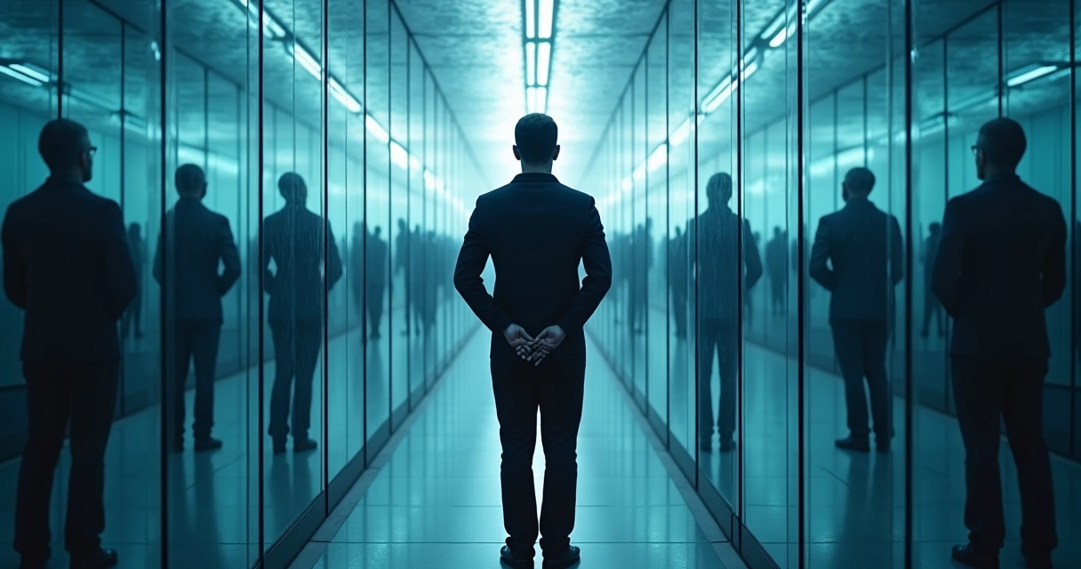 Silhueta de uma pessoa refletida em vários espelhos formando um labirinto. 