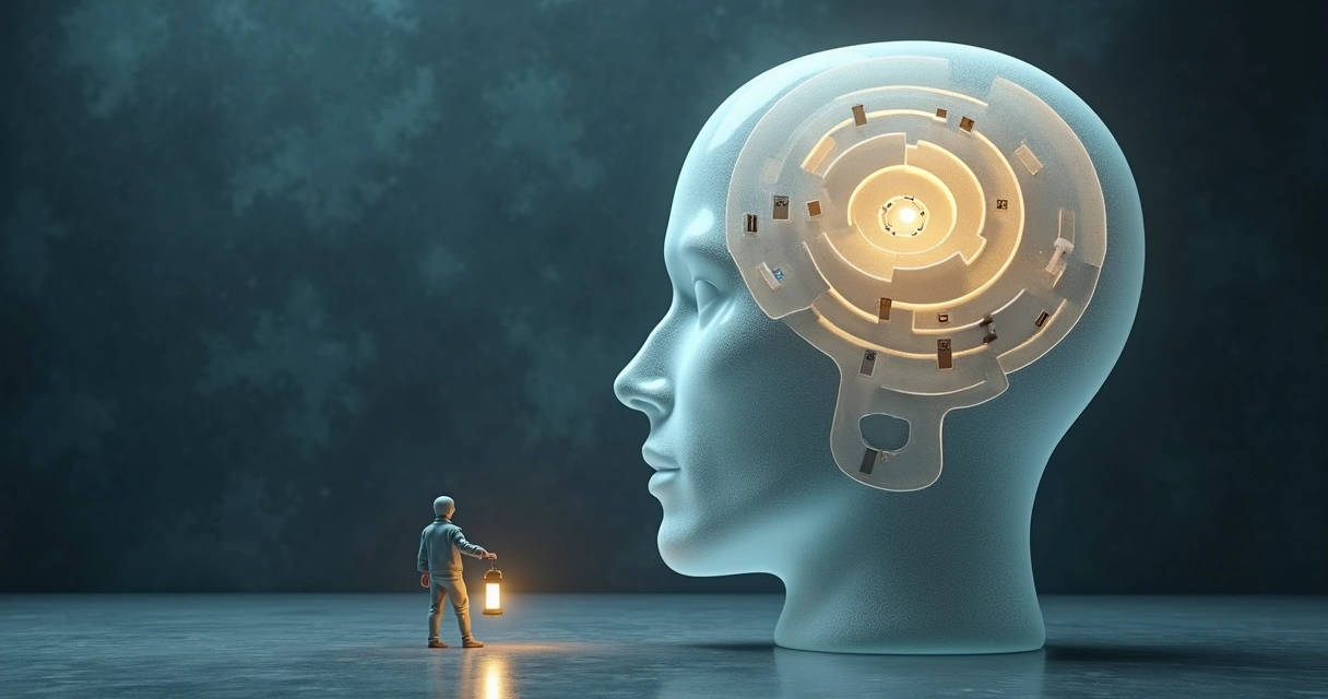 Pessoa pequena explorando um labirinto dentro de uma cabeça gigante iluminada 