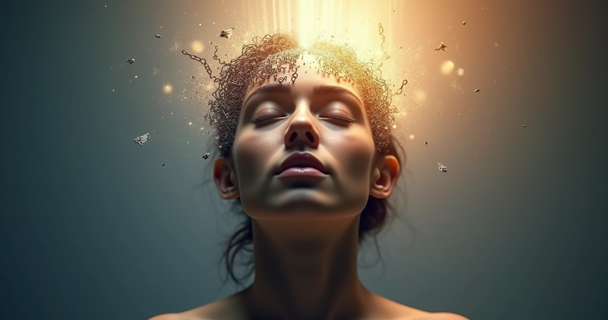 Persona con cadenas mentales rompiéndose y luz saliendo de la cabeza 