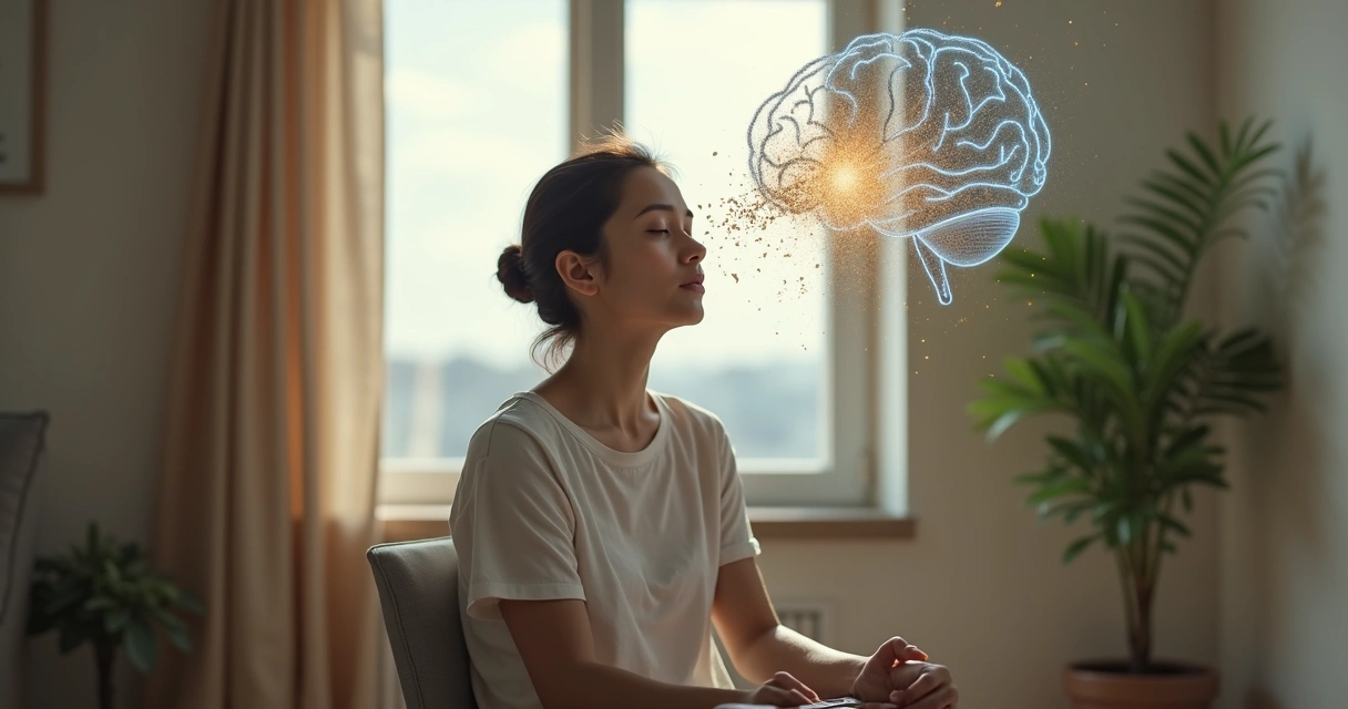 Pessoa de olhos fechados com correntes mentais se desfazendo em um cenário calmo 