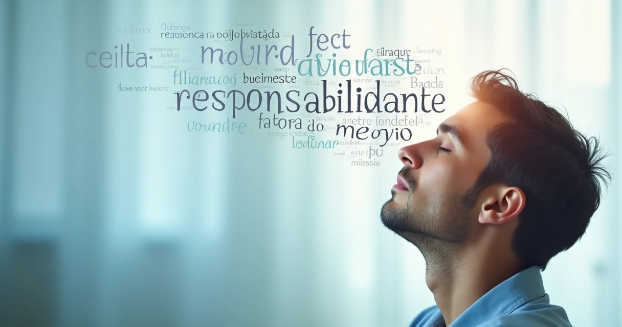 Pessoa de perfil com efeito visual de palavras fluindo ao redor da cabeça 