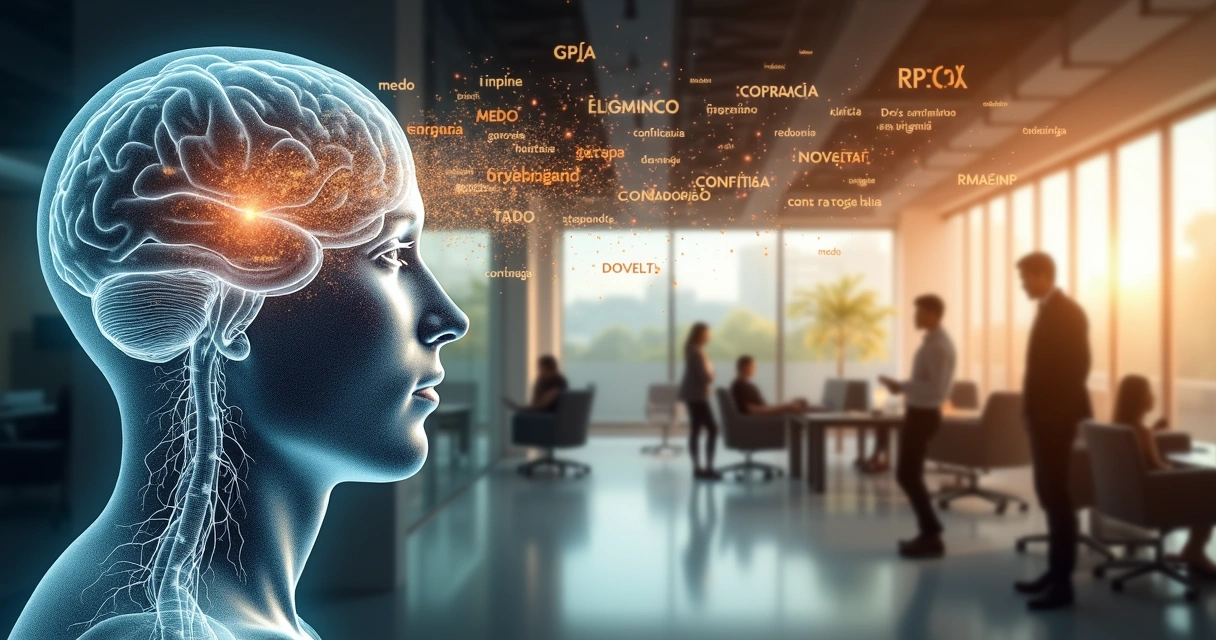 Cérebro humano transparente projetando palavras influenciando ambiente de escritório 