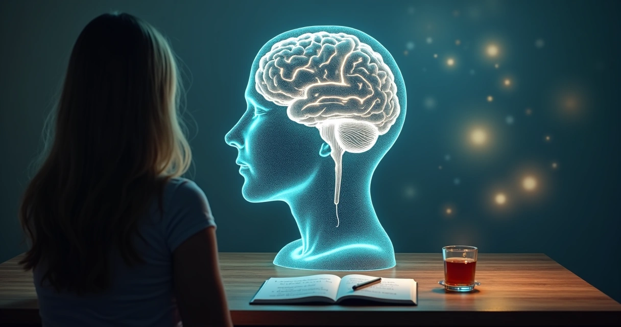 Pessoa analisando padrões emocionais em um cérebro iluminado 