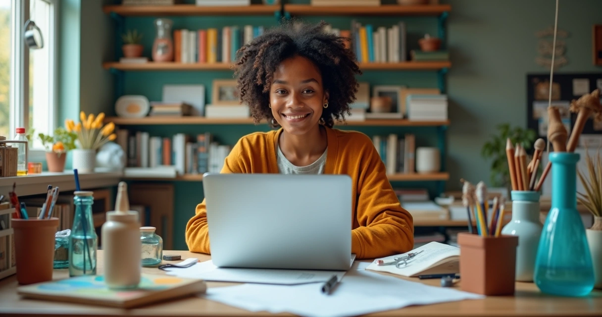 Pessoa rodeada de objetos representando múltiplos interesses 