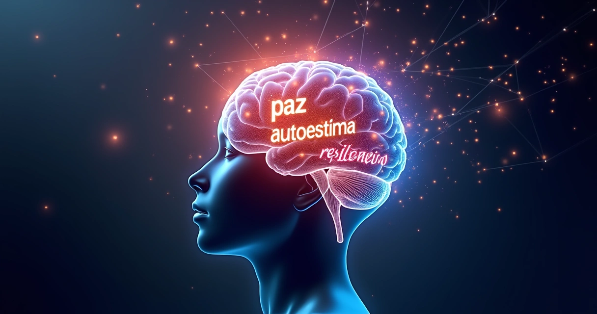 Cérebro humano com pensamentos positivos representados em faixas de luz