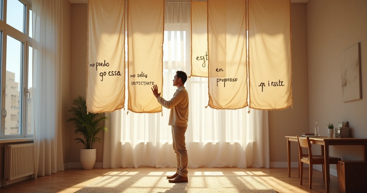 Persona cambiando frases internas escritas en telas suspendidas en una habitación luminosa 