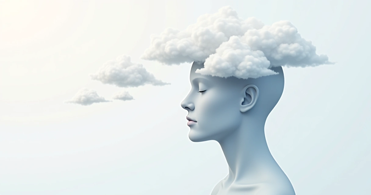 Desenho de uma cabeça humana com nuvens passando dentro, representando pensamentos transitórios.
