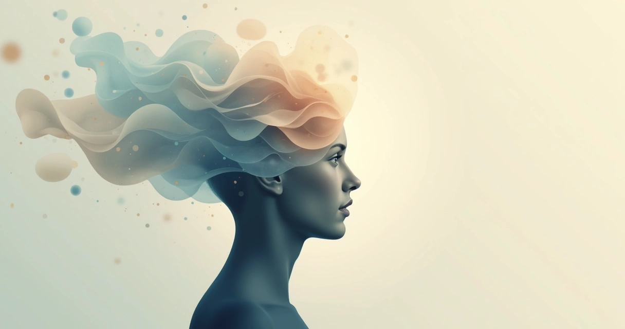 Cabeza humana ilustrada con formas abstractas representando el pensamiento 