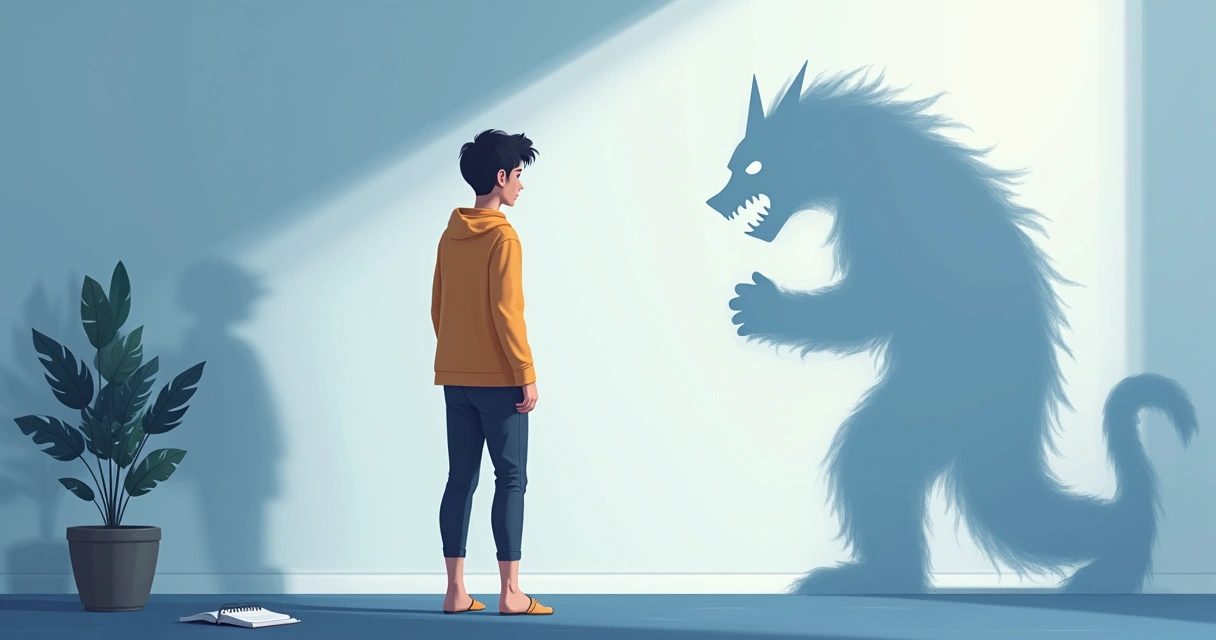 Ilustración de una figura humana observando una sombra que simboliza el miedo