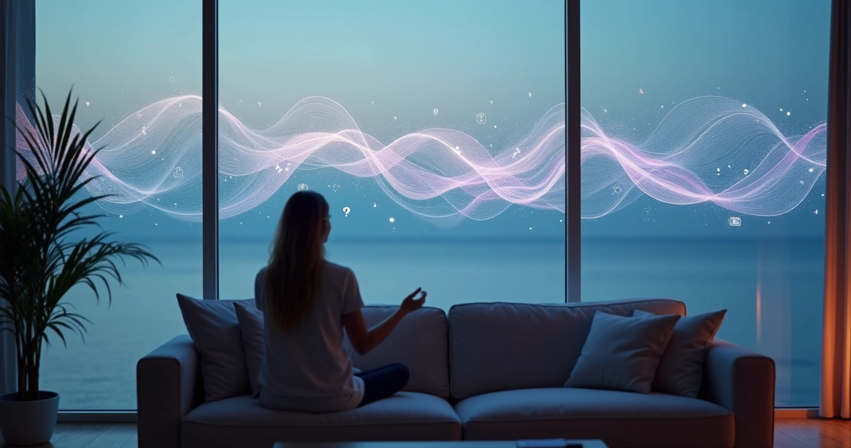 Persona observa oleaje de pensamientos caóticos transformarse en ondas ordenadas 
