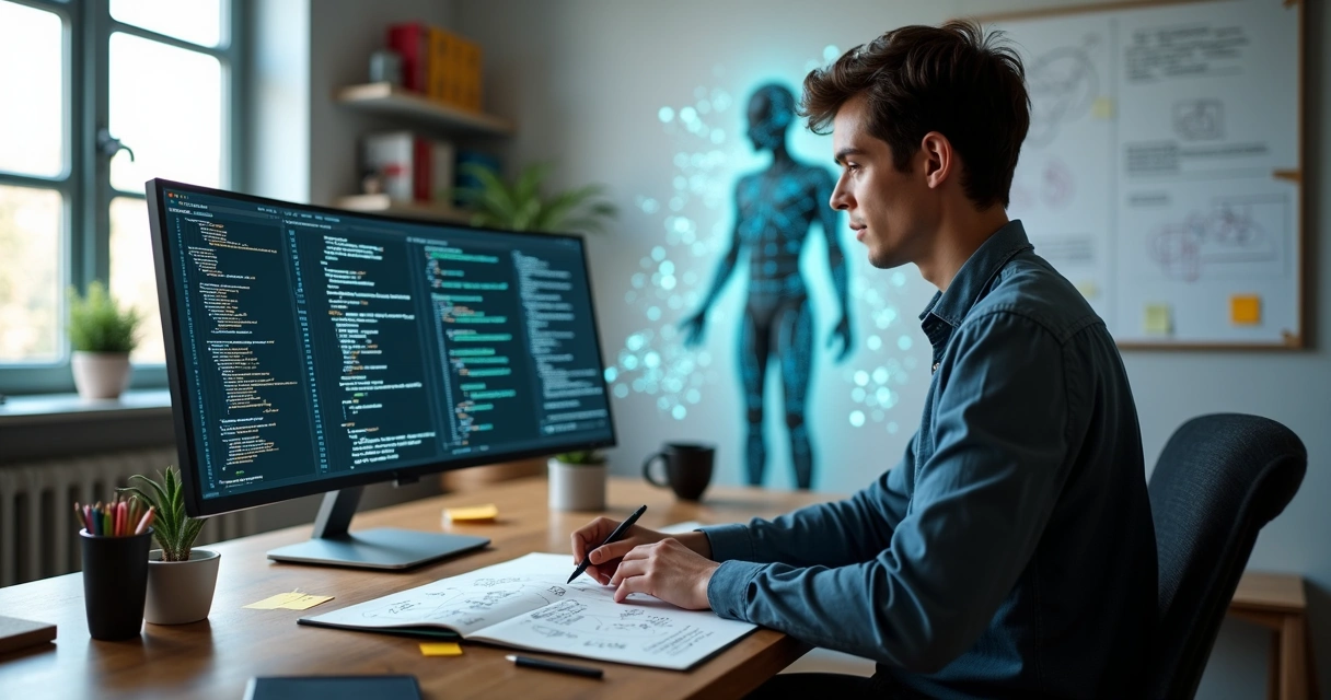 Programador em ambiente claro organizando fluxos de código diante de sombra gigante de IA 