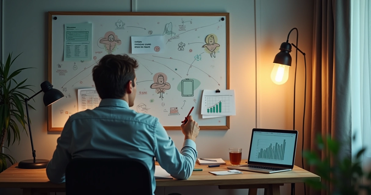 Pessoa analisando mural com notas e gráficos conectados a silhuetas emocionais 