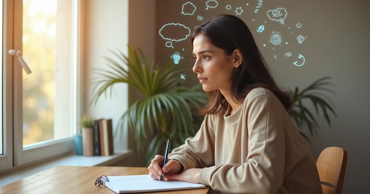 Pessoa observando silhuetas de pensamentos repetitivos ao redor da cabeça 