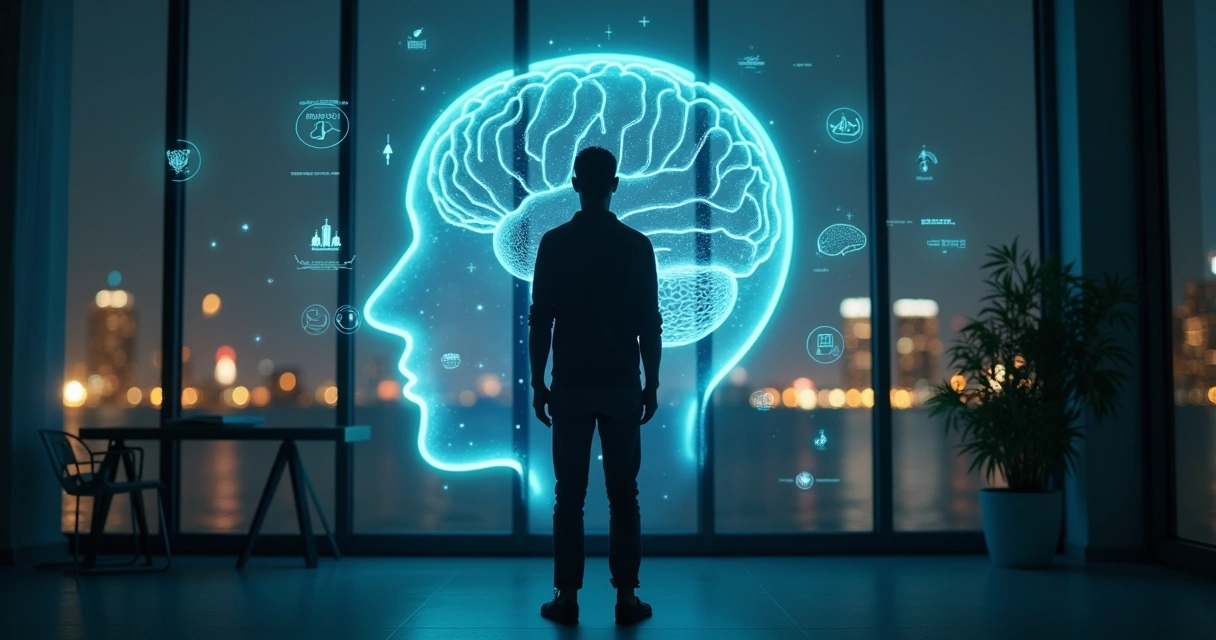 Pessoa observando silhuetas e padrões na mente em ambiente tecnológico futurista 