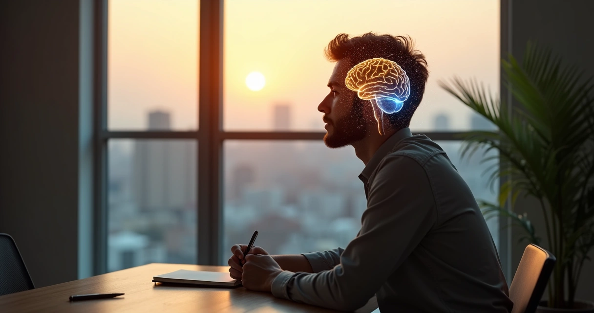 Pessoa olhando pela janela com silhueta da mente preenchida por caminhos luminosos 