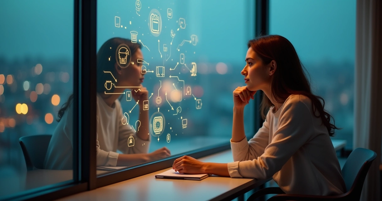 Pessoa observando suas próprias escolhas refletidas em um vidro com caminhos e setas sobrepostos 