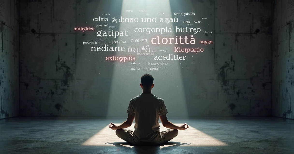 Pessoa meditando cercada por palavras negativas se transformando em silêncio 