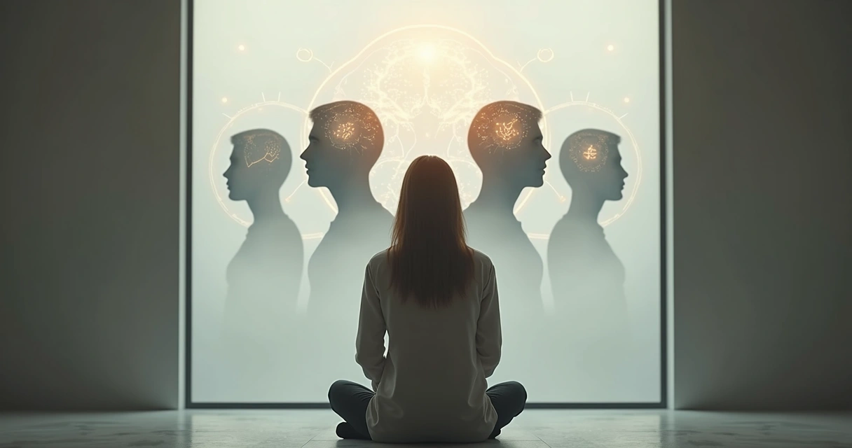 Persona observando sus pensamientos reflejados como patrones repetitivos en un espejo 