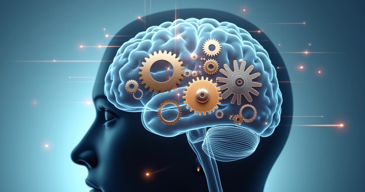 Ilustração de um cérebro humano com engrenagens girando no centro, representando atividade mental ativa e concentração 