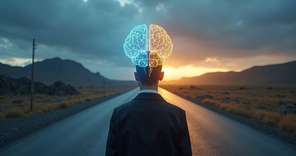 Persona frente a dos caminos opuestos con líneas mentales entrelazadas 