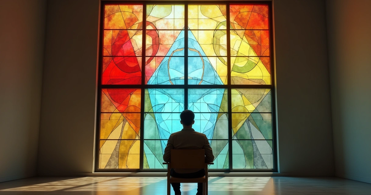 Pessoa em frente a vitrais coloridos com símbolos de personalidade refletidos no rosto 