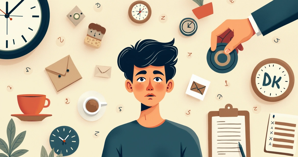 Ilustração conceitual de uma pessoa cercada por padrões repetitivos, enquanto sua atenção parece distante, em tons sóbrios e neutros, com detalhes sutis no fundo que sugerem uma rotina diária