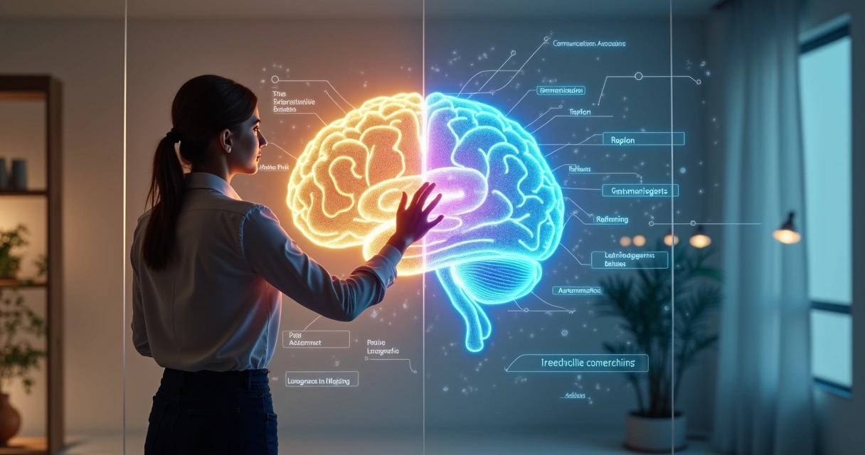 Pessoa tocando projeção de cérebro iluminado com conexões coloridas 