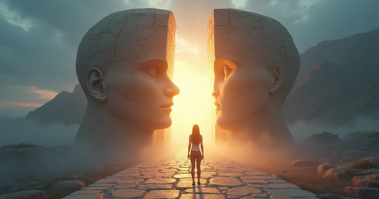 Pessoa diante de grande porta luminosa no formato de cabeça humana 
