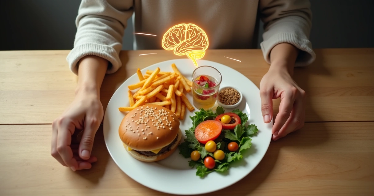 Pessoa observa prato dividido entre comida ultraprocessada e alimentos naturais em mesa de madeira clara 