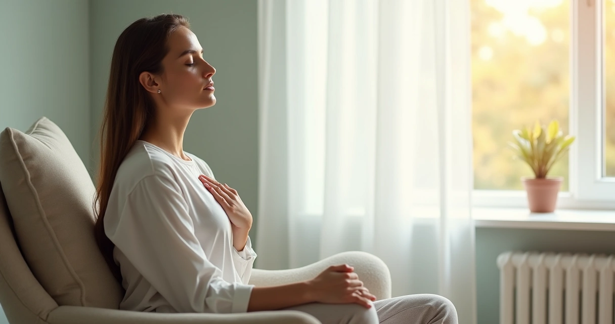 Pessoa sentada em silêncio, de olhos fechados, com a mão sobre o peito, em ambiente claro e calmo, transmitindo serenidade