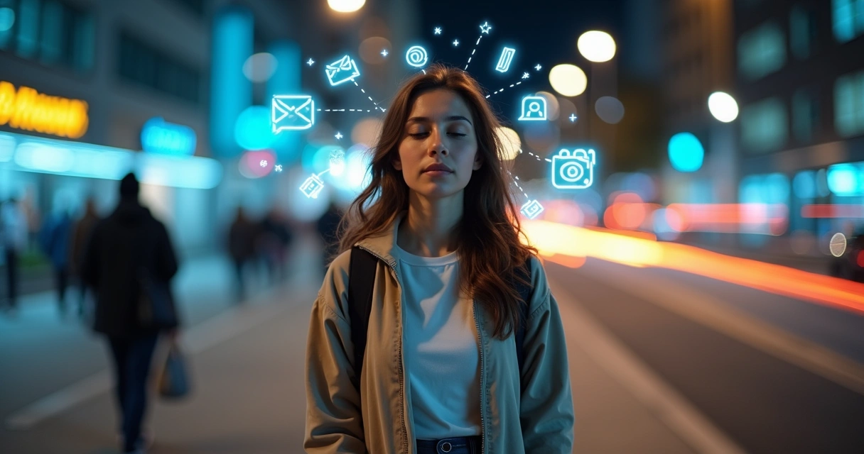 Pessoa observando ícones digitais flutuando ao redor de sua cabeça em ambiente urbano noturno 