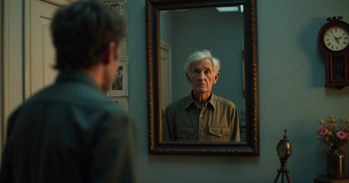 Pessoa parada em frente a um espelho, reflexo representa pensamentos do passado 