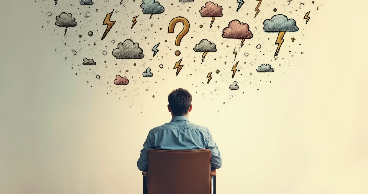 Pessoa sentada refletindo, com desenhos representando pensamentos divergentes ao redor da cabeça. 