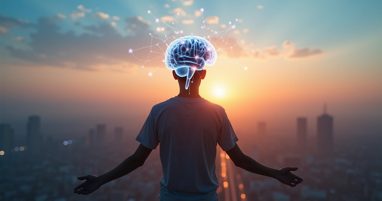 Pessoa em pé diante de paisagem urbana ao amanhecer com silhueta integrada a ilustrações de cérebro e conexões neurais 