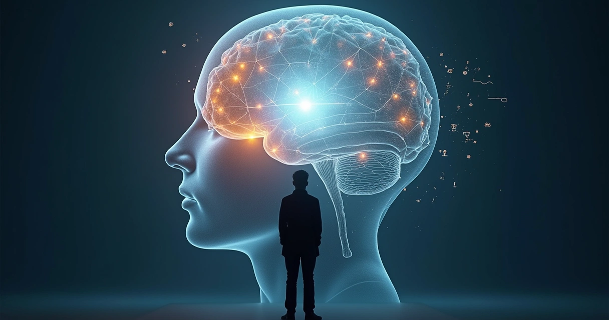 Ilustración de una persona observando su propio perfil mental con filtros y capas de color 