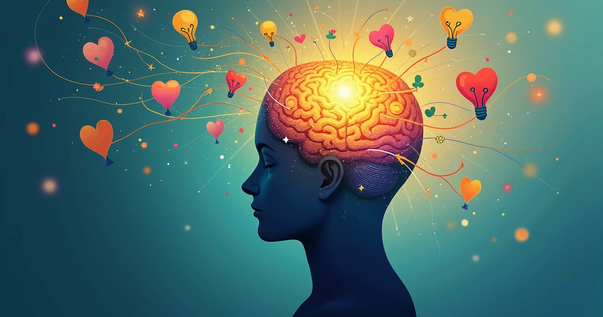 Ilustração de uma mente conectada com elementos de prosperidade ao redor 